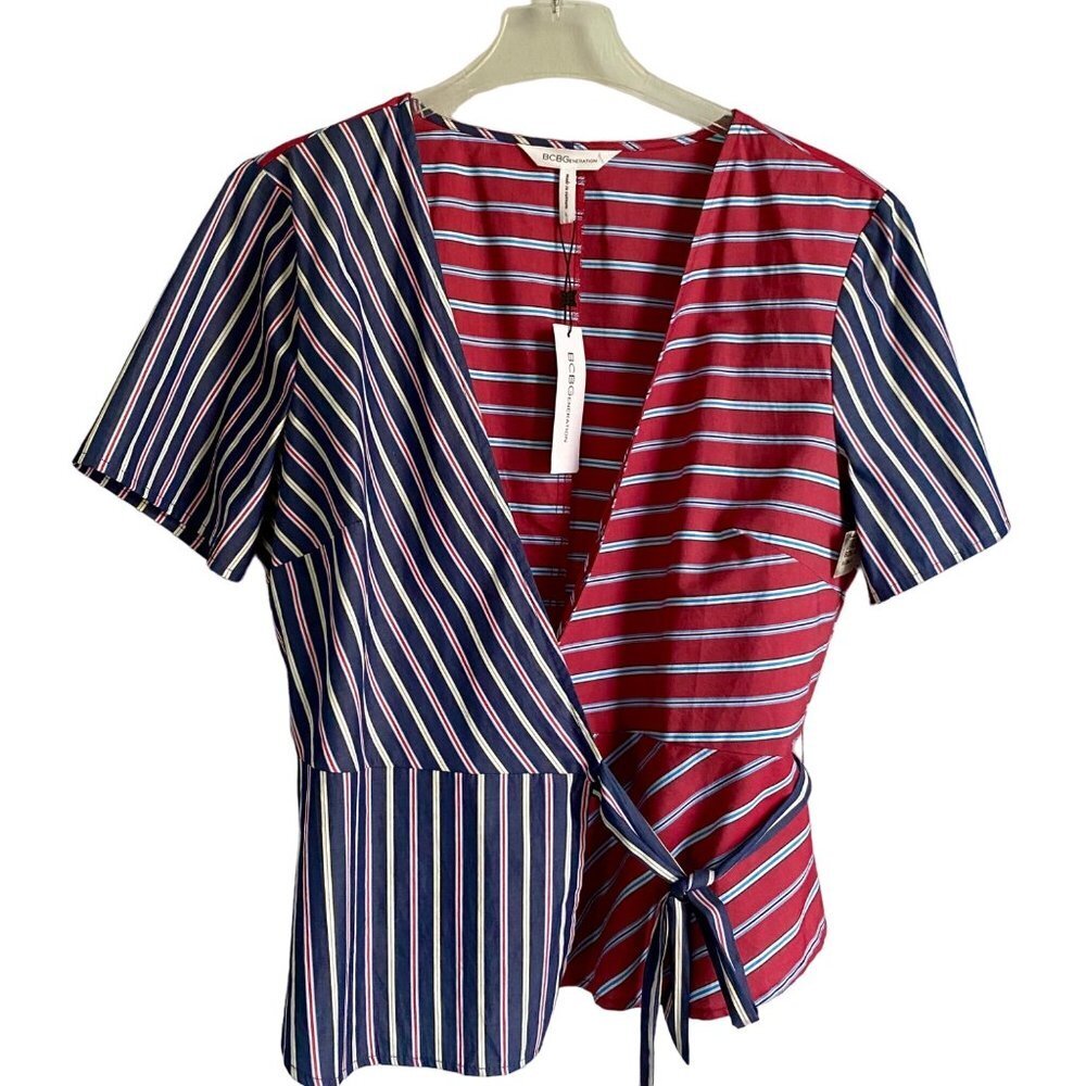 BCBGeneration Mixed Striped Cotton Wrap Top Women's Large Red Blue NEW NWT
